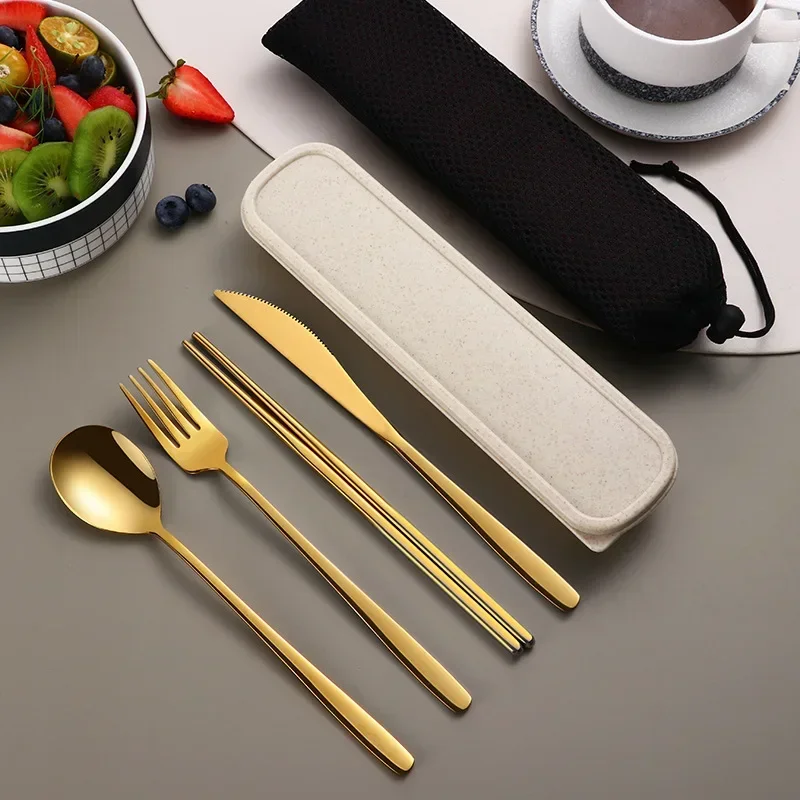 4pcs 세트 휴대용 칼 붙이 세트 식기 세트 캠핑 식기 세트 스테인레스 스틸 나이프 포크 스푼 키트 여행 Flatware 상자