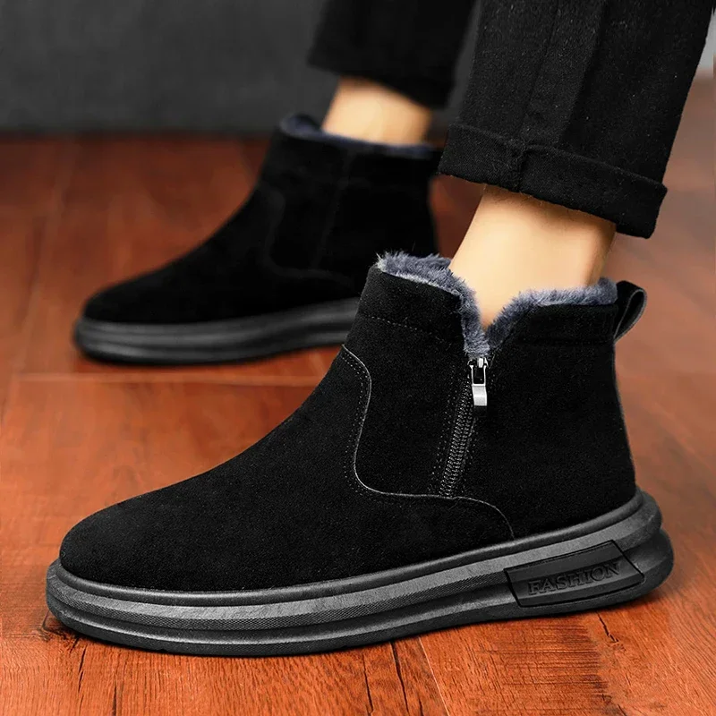 

Shoes for Men's 2023 New Zipper Men's Boots Winter Round Toe Solid Flock Plush Warm Comfortable Low-heeled Casual Snow Boots