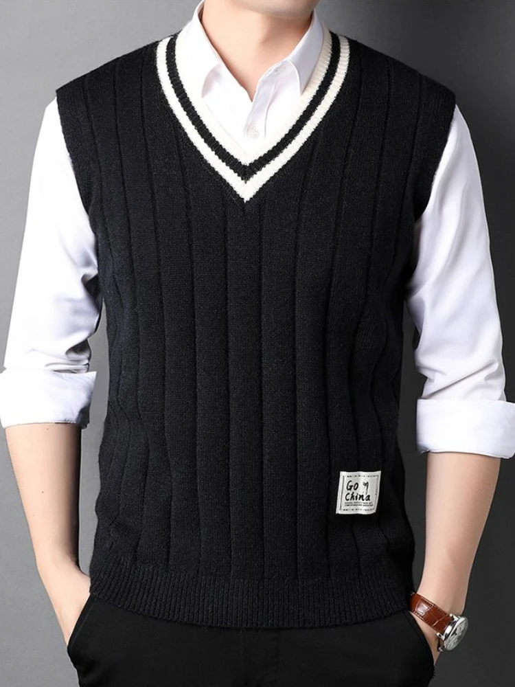 Men's Clothing Icon Knit Sweater Male Sleeveless Striped Waistcoat Vest Beige Heated Korean Style High Quality Replica Street X