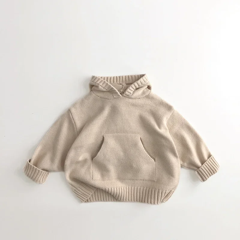 Children's Sweater kids sweater kids coat Front Pocket Fine Knit Boys Girl Sweaters Hoodie Knit Pullover Loose Style Girl Hooded Toddler Knitwear