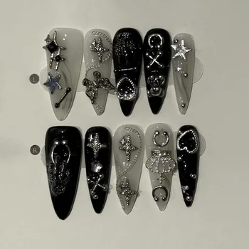 10pcs Diamond Butterfly Press on Nails Retro Sweet Cool Fake Nails Art Silver Metal Star False Nails Y2k Almond Artificial Nail 1