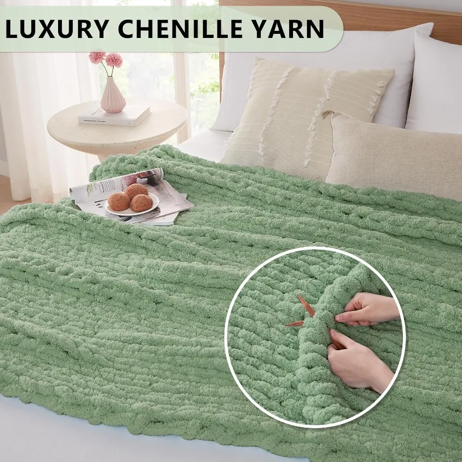 Chunky Knit Blanket Throw: 80''x90'' Chenille Chunky Knitted Throw Blanket for Bed Couch Handmade Thick Big Cable Knit Blanket