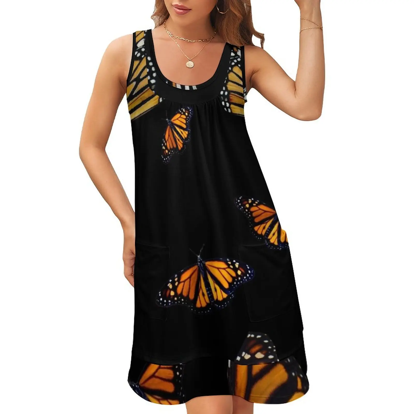 

Monarch butterfly wing pattern Sleeveless U-Neck Fake Two Piece Dress summer outfits for women 2024 women's evening dresses 2024