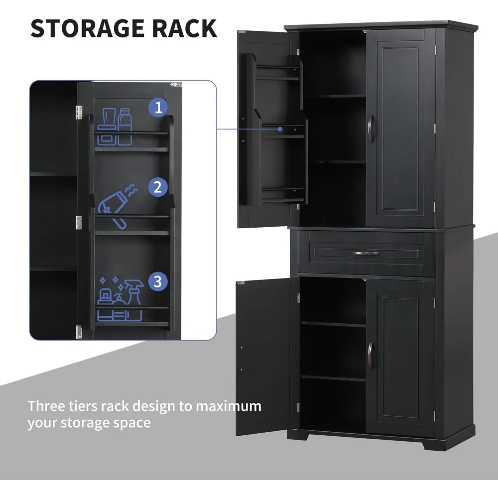 Storage Cabinet with Doors and Drawer, Pantry Cupboard with Rack Organizers Wide Display Shelf for Bathroom or Kitchen, Black