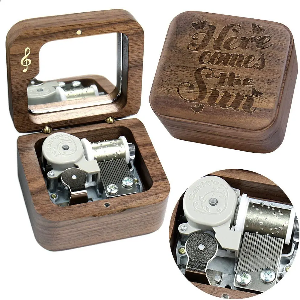 Sinzyo Here Comes The Sun Music Box Vintage Musical Boxs Gift for Birthday Valentine's Day Christmas Day Musical Note Walnut Box