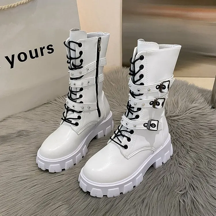 

Goth Boots Woman Winter 2023 WOMEN ANKLE BOOTS Platform Shoes Sneakers Studded Belt Buckle Punk Army Chunky Heels Mid Calf Boots