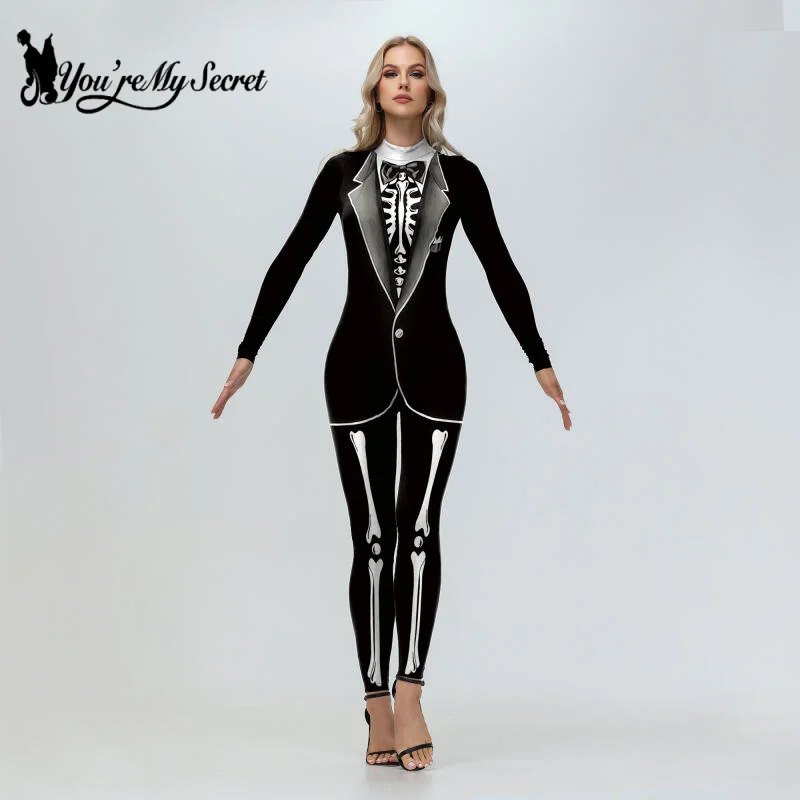 [You're My Secret] Halloween Ghost Adult Skeleton printed Jumpsuit Cospaly Costume Carnival Party Zentai Bodysuit Scary Outfit