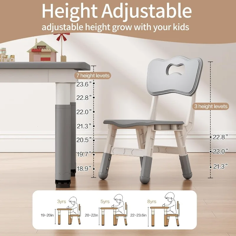 Toddler Table and 2 Chairs, Kids Table and Chair Set Height Adjustable, 31.5''L x 23.6''W Multifunctional Kids for Reading