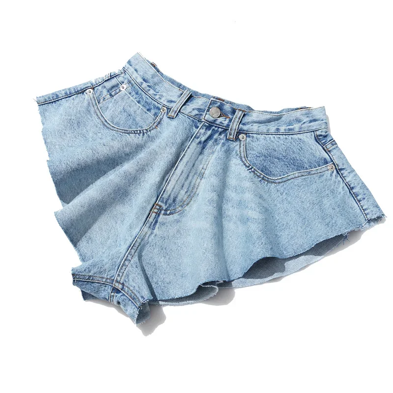 New Summer High Waist Ruffle Denim Shorts Skirt Y2k Fashion Light Blue Denim Hem Loose Ruched Short Washed Female Bottoms Zipper