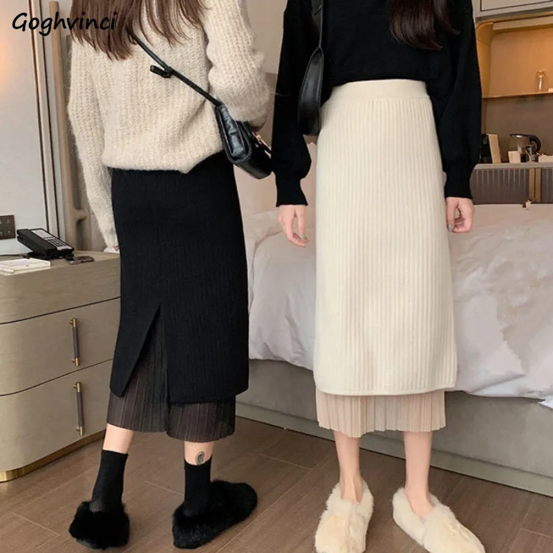 

Skirts Women Solid Elegant Harajuku Reversible Knitted Skirt Simple Korean Fashion Streetwear All-match Designs Ins Chic