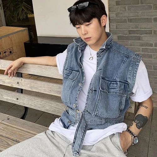 빈티지 민소매 카고 재킷, 캐주얼 데님 조끼, 남성 패션 코트, 느슨한 남성 의류, 청바지, 질레트 4