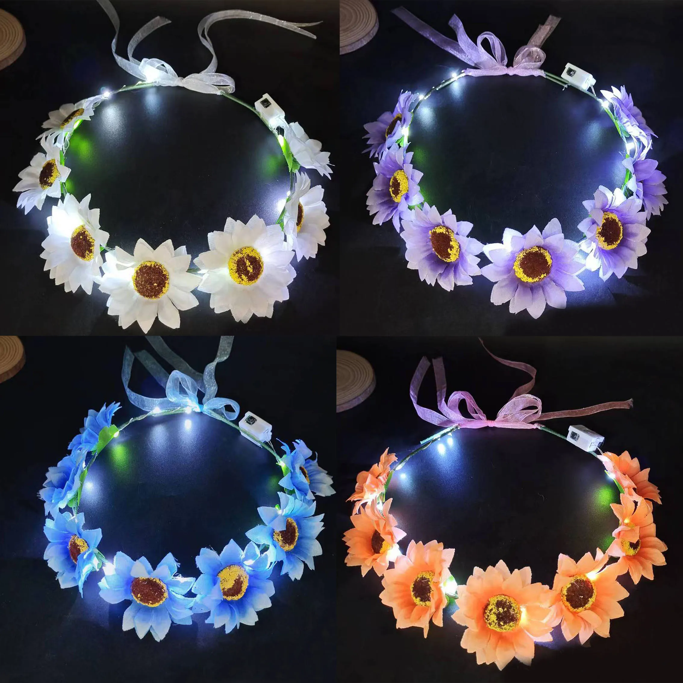 1Pcs New Garland Sunflower Headgear Girls LED Glitter Garland Wedding Christmas Party Glowing Headgear