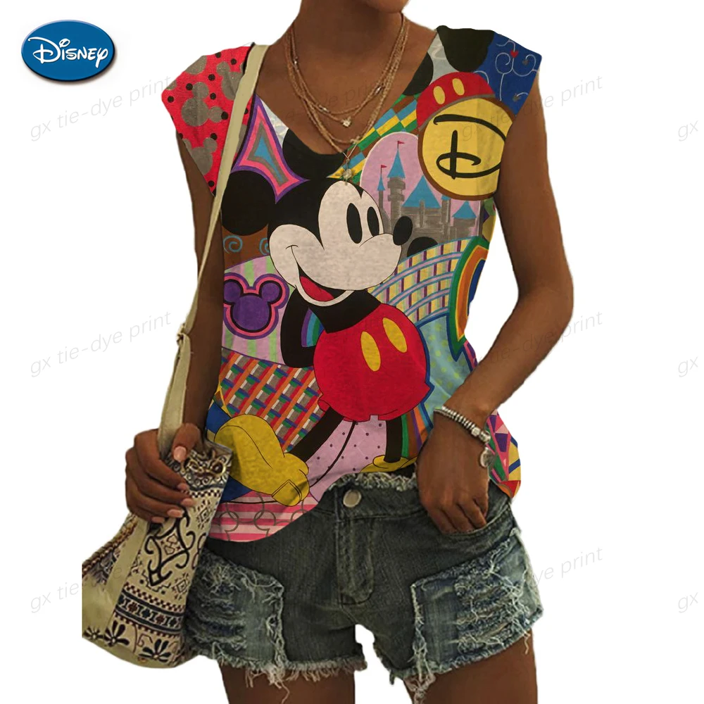 

9color Summer Tank Tops Women Disney Minnie Mickey Print V Neck Vest Tops Sexy Sleeveless Loose Vests Ladies Shirt Tops Oversize