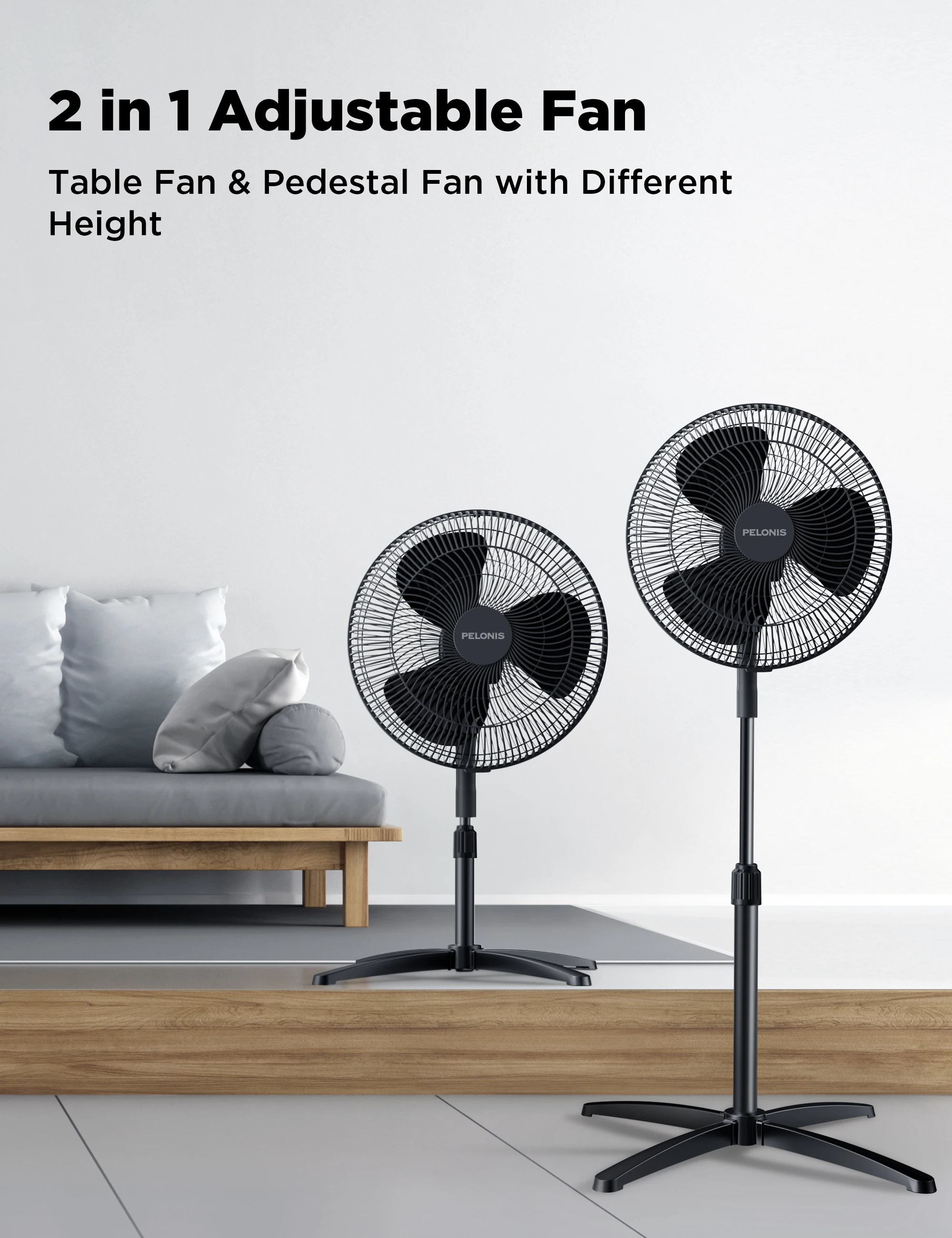 PELONIS 16‘’ Pedestal Stand Up Oscillating Fan with 3 Speeds Settings Ultra Quiet Adjustable Heights 2 Packs Black 5