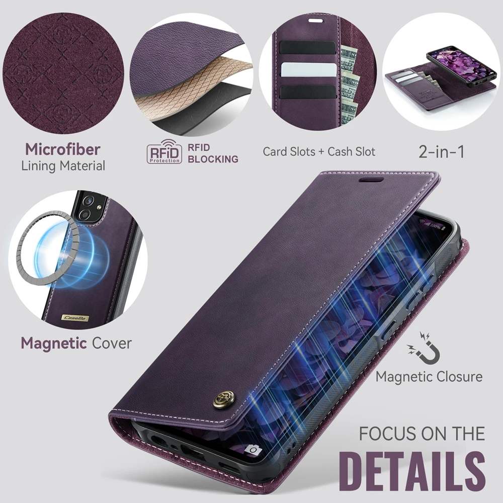Magnetic Leather Wallet Phone Case with Protective Bumper