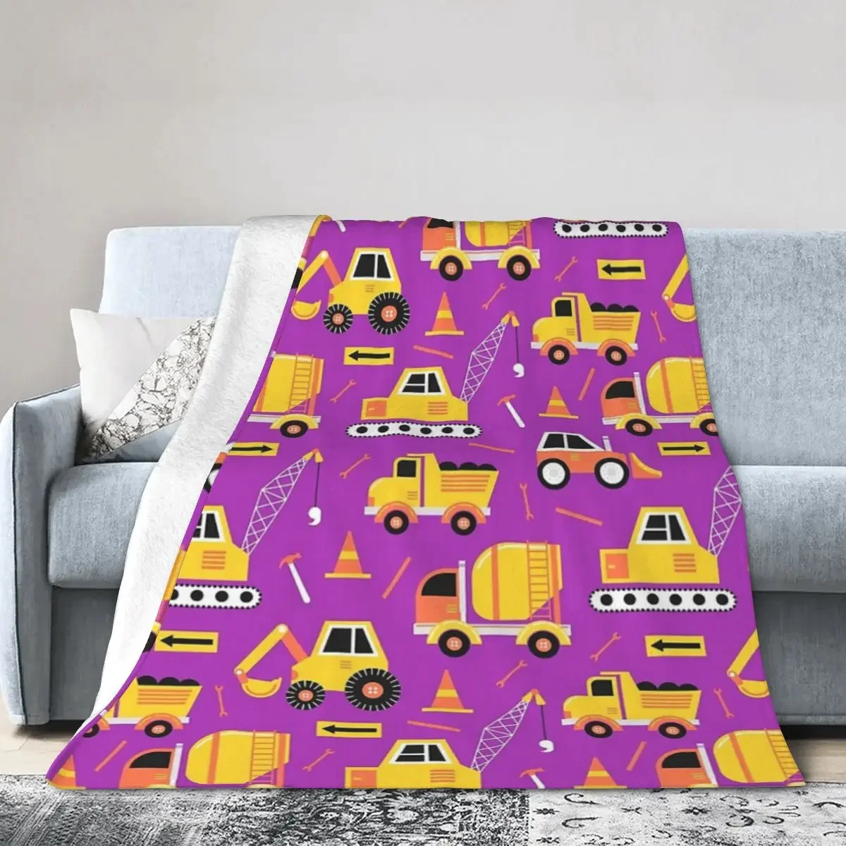 

Construction Trucks On Bright Purple Blanket Soft Warm Flannel Throw Blanket Bedspread for Bed Living room Travel Home Couch