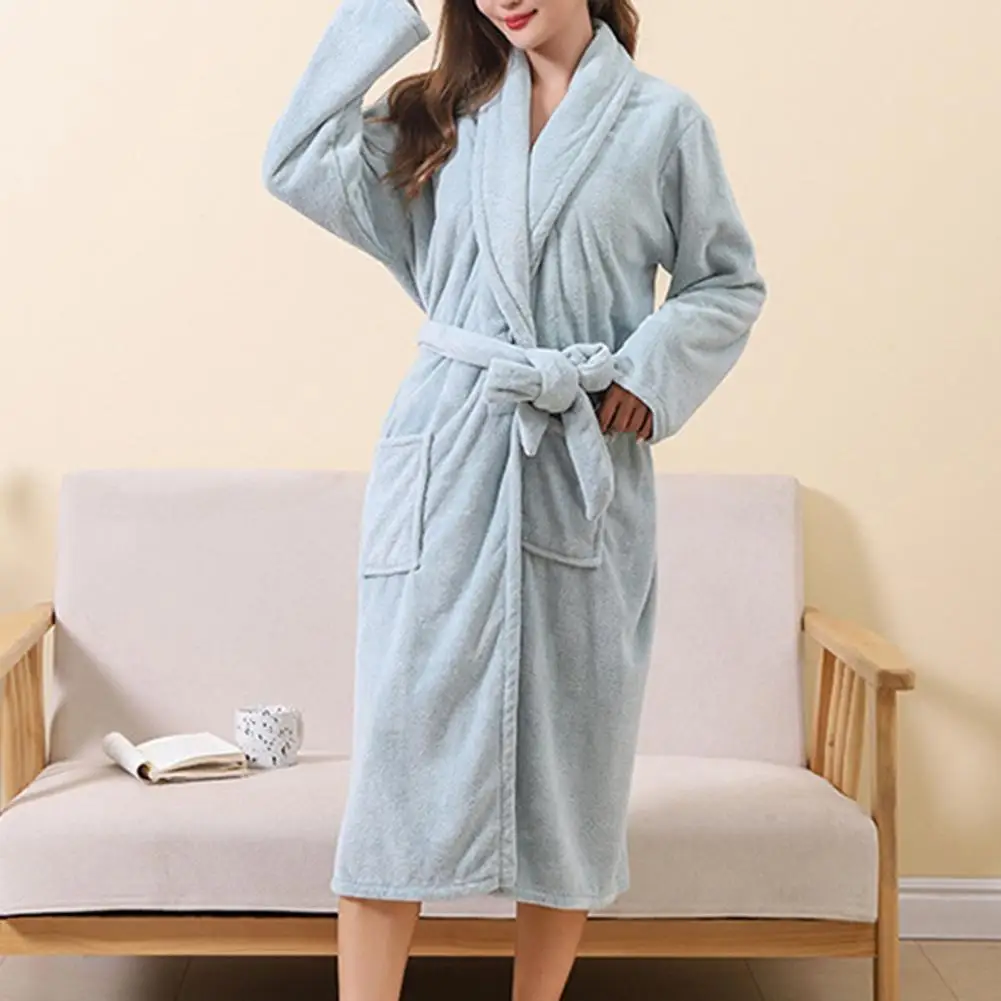 

Women Flannel Coral Bathrobe Lapel Long Sleeve Belt Bath Robe Couple Warm Thermal Fleece Sleepwear Rope