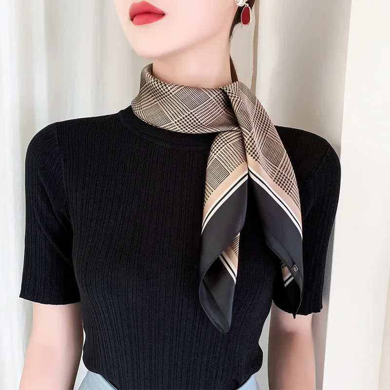 New Fashion Blue Silk Square Streak Scarf Women Satin Neck Hair Tie Band Soft Work Neckerchife Hijab Head Female Foulard 6