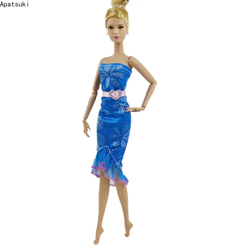 Blue Glitter Ruffle Fashion Doll Dress Per Abiti Barbie Abbigliamento Sirena Fishtail Party Gown 1/6 Accessori Per Bambole Fai Da Te