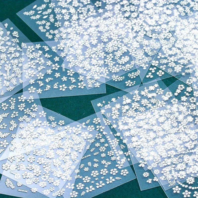 30 Blatt Nagelaufkleber – Frühlingsblumen-Glitzer-Nagelaufkleber, selbstklebende PVC-Nagelkunst mit kleinen weißen Blumen auf Schwarz – Detail 7
