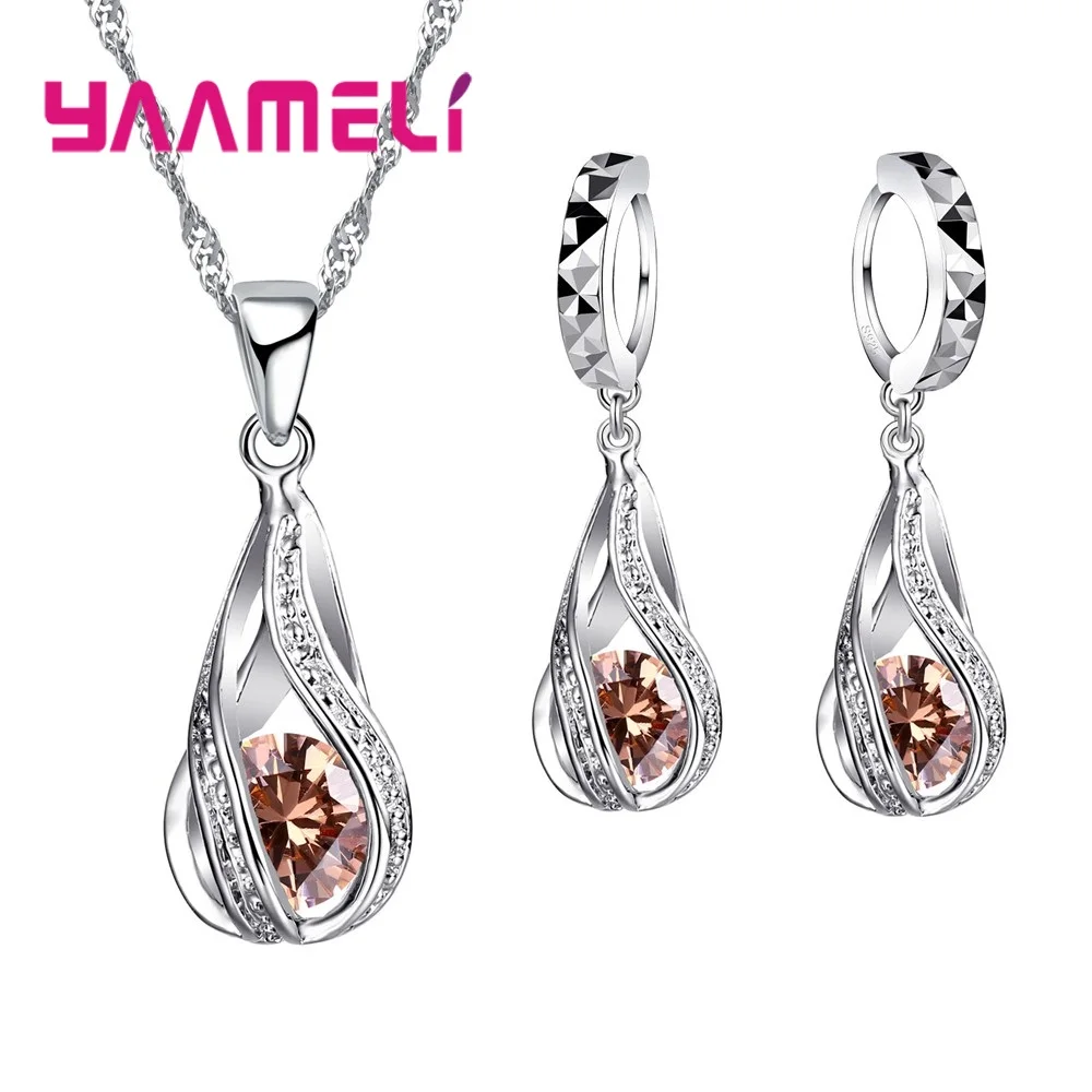 Water Drop Crystal Necklace Earring Set Women 925 Silver Engagement Wedding Jewelry Set Valentines Day Gift jewelry set silver jewelry silver jewelry set crystal jewelry set