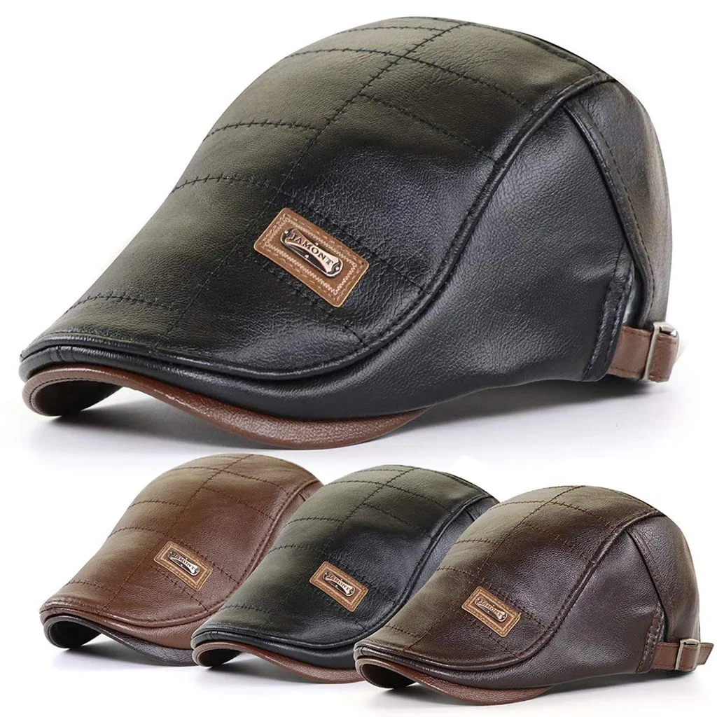 Men Fashion Retro PU Leather Beret Hats Autumn Winter Warm Beret Hat Middle-aged Men's Visor Warm Flat Peaked Cap Adjustable 3