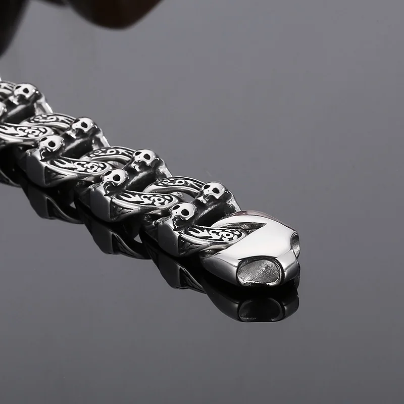 Fongten Punk Skeleton Men Bracelet Cuban Link Chain Stainless Steel Charms Bangle Rotre Skull Wrist Bracelets For Men Jewelry