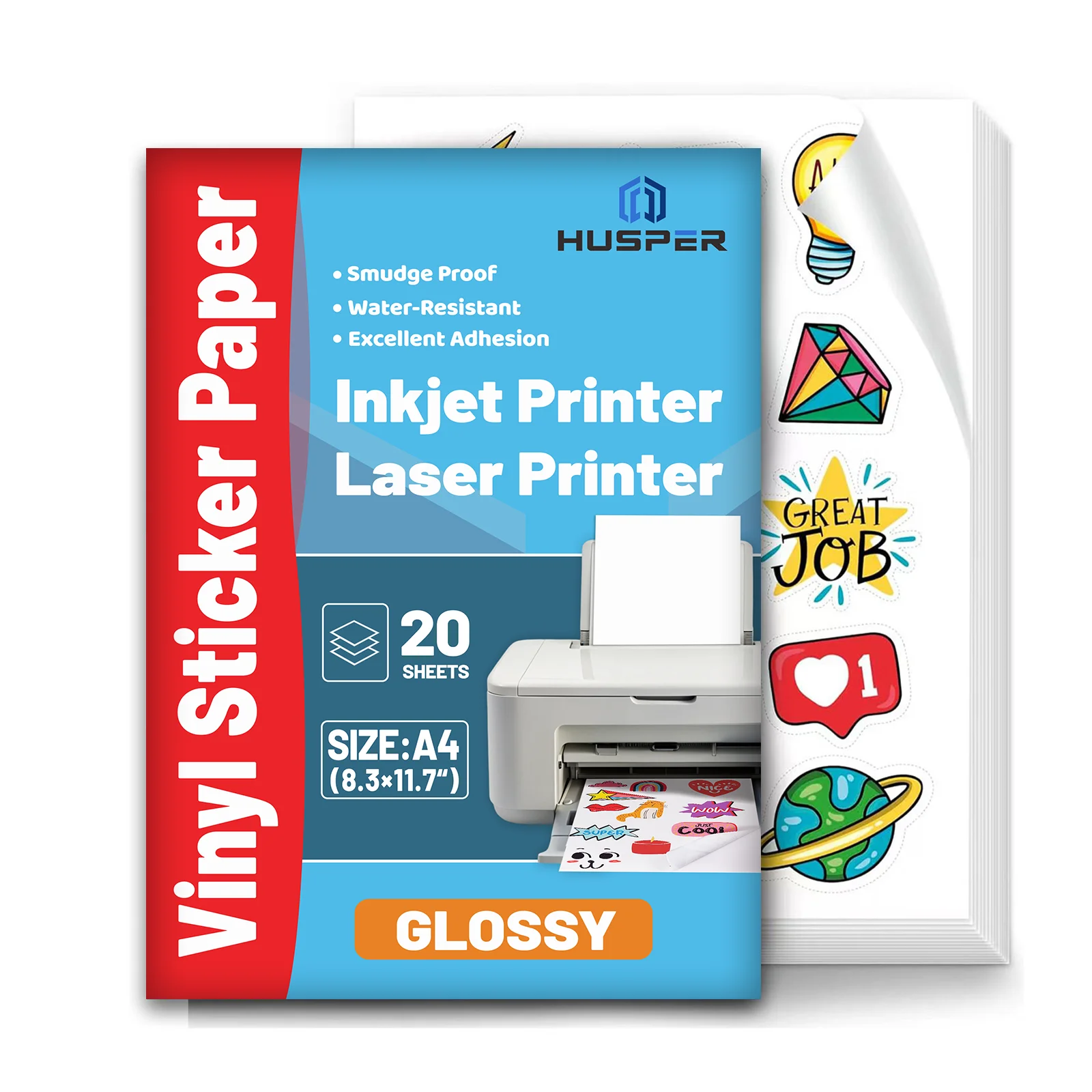 A4 20 Sheets Glossy White Vinyl Sticker Paper Self-Adhesive Waterproof for Inkjet Printer DIY Crafts Labels & Decals