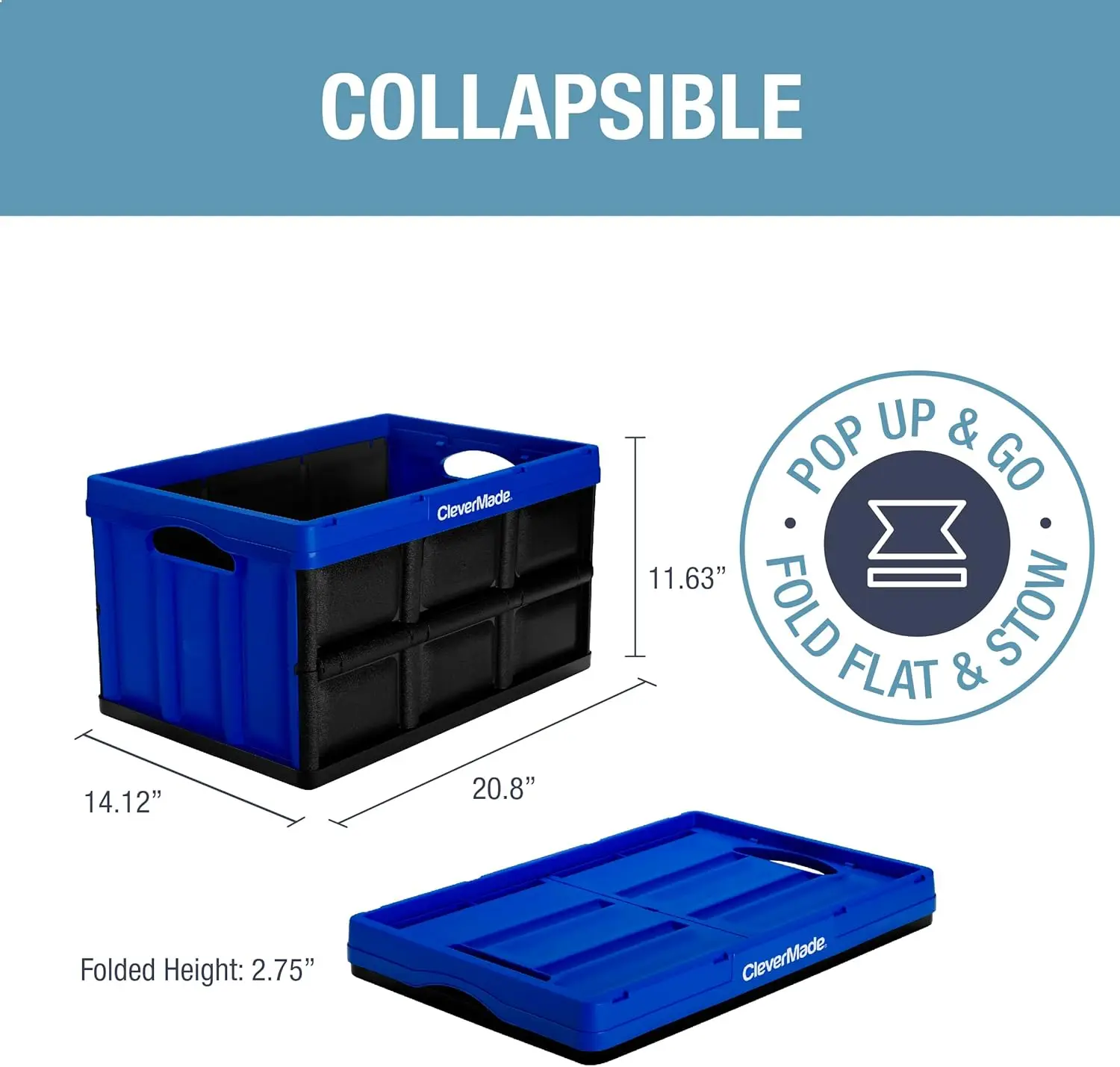 CleverMade Collapsible Storage Bins - Royal Blue 3 Pack 46L - Stackable Containers Heavy Duty Capacity Folding Crates - Space