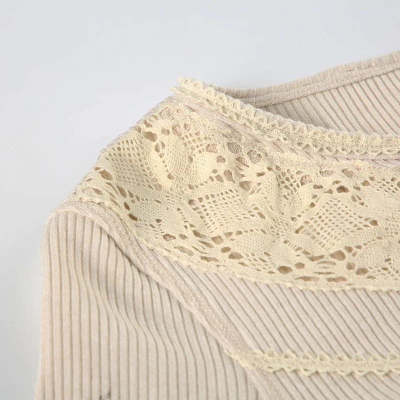 Camisetas básicas de punto con encaje y botones elegantes y retro para mujer, de manga larga, exquisitas y ajustadas, para otoño.