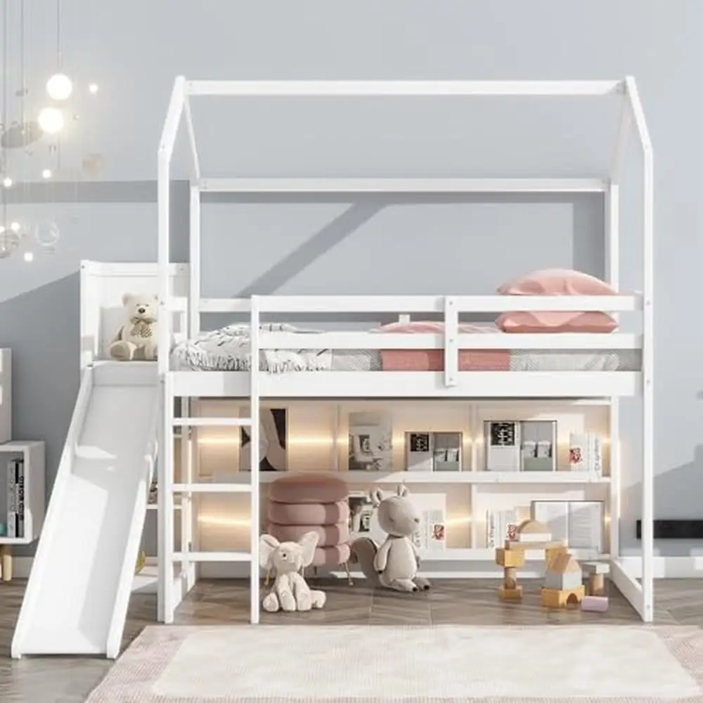 Kids Twin House Loft Bed with Slide Storage Shelves and LED Light Wood Low Loft Bed Guardrail Ladder Playhouse Creative Design 3
