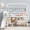 Kids Twin House Loft Bed with Slide Storage Shelves and LED Light Wood Low Loft Bed Guardrail Ladder Playhouse Creative Design 3