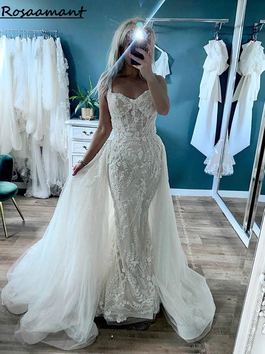 

Romantic Illusion Sweetheart Sleeveless Mermaid Wedding Dresses Detachable Train Appliques Lace Boho Bridal Gowns Robe De Mariée