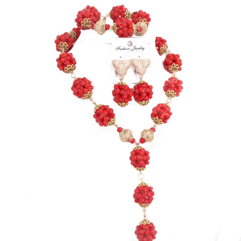 Splendid African Jewelry Sets For Women Luxury 2024 Traditional Red Crystal Beaded Balls - 2
