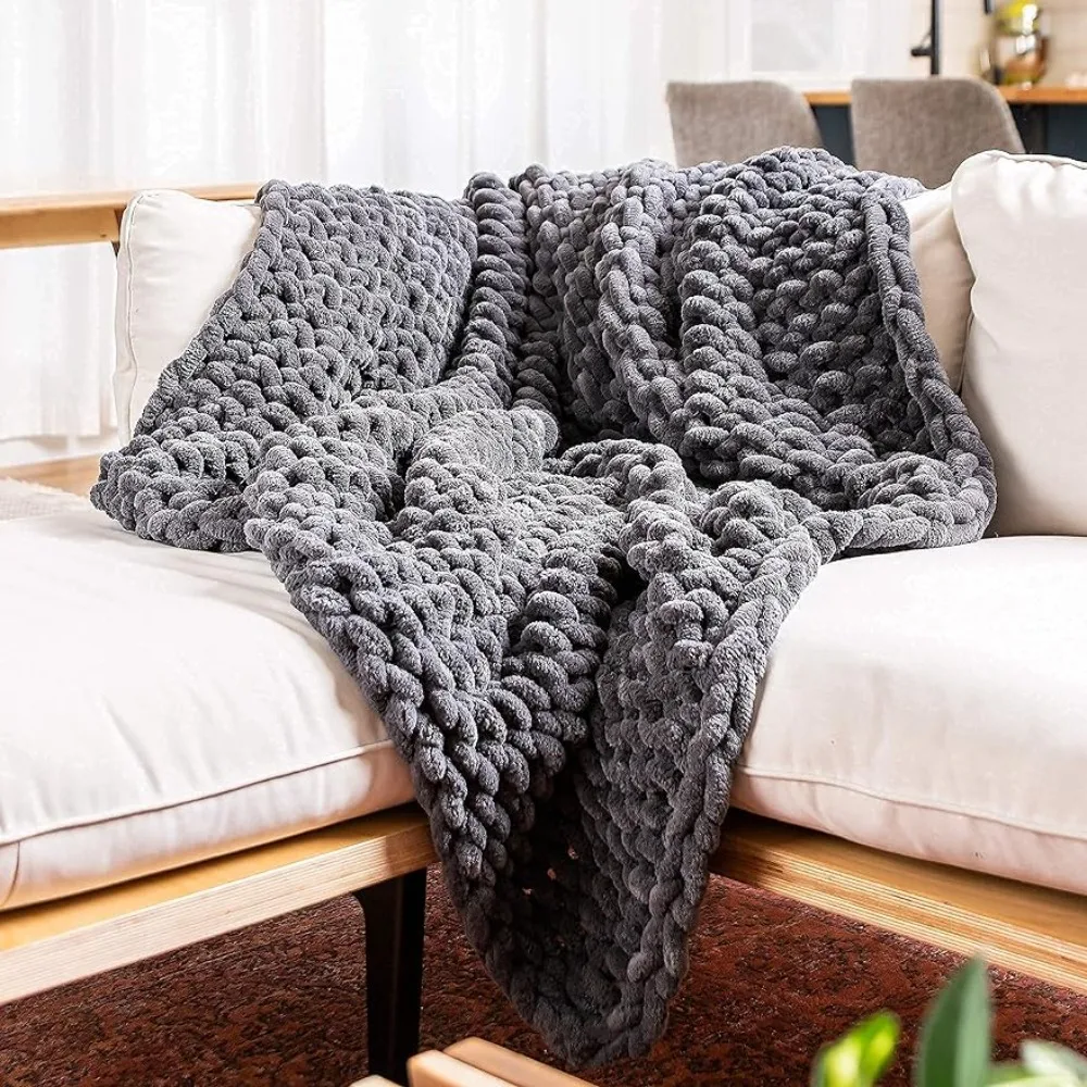 

Grey Chunky Knit Boho Throw Blanket Fleece Large Cable Knit Blanket for Bed or Couch Plaid for Sofas Microfiber Bedding