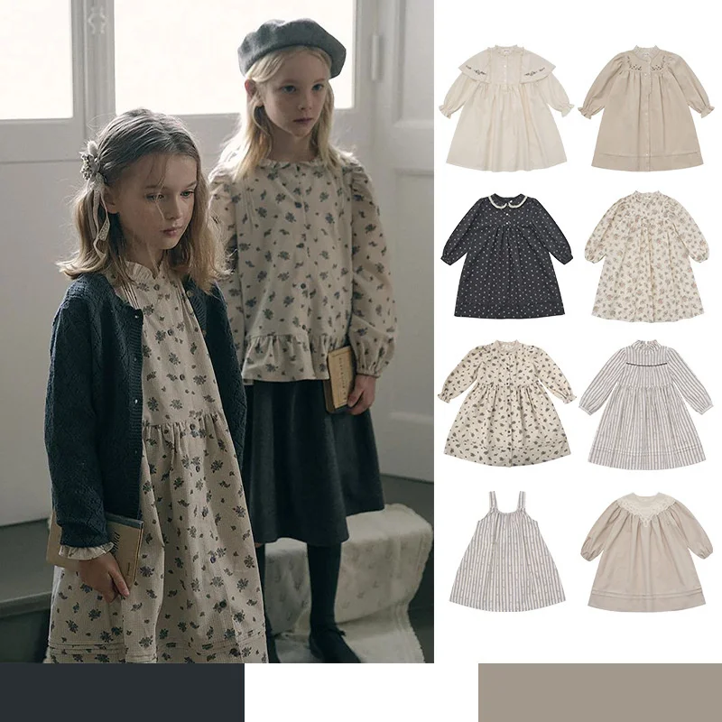 Lou Autumn Winter Long Sleeve Girls Dress Floral Striped Pricess Lace Dresses for Birthday Party