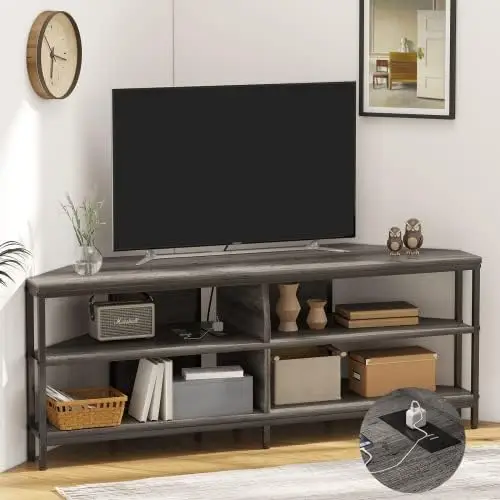 

55 inch Corner TV Stand with Power Outlet, Corner Entertainment Center, Industrial TV Console for Living Room& Bedroom, Grey