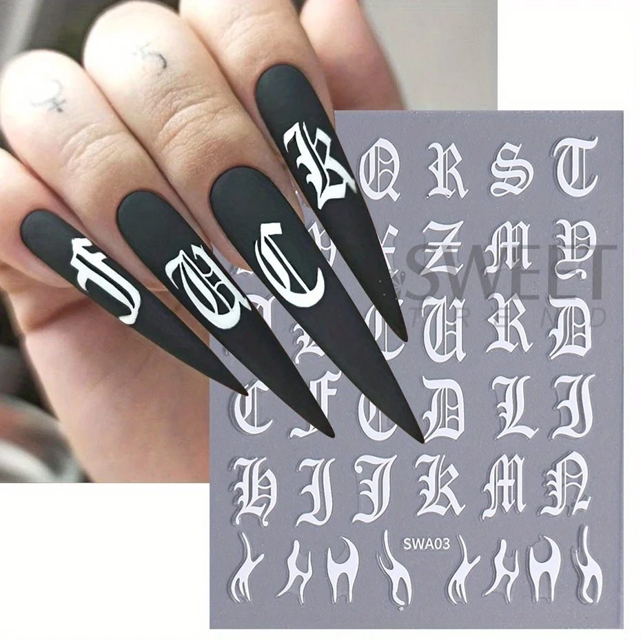 2pcs Gothic Letter Nail Sticker Black White Cool Design English Alphabet Adhesive Slider Y2K Inscription Manicure Decoration Tip