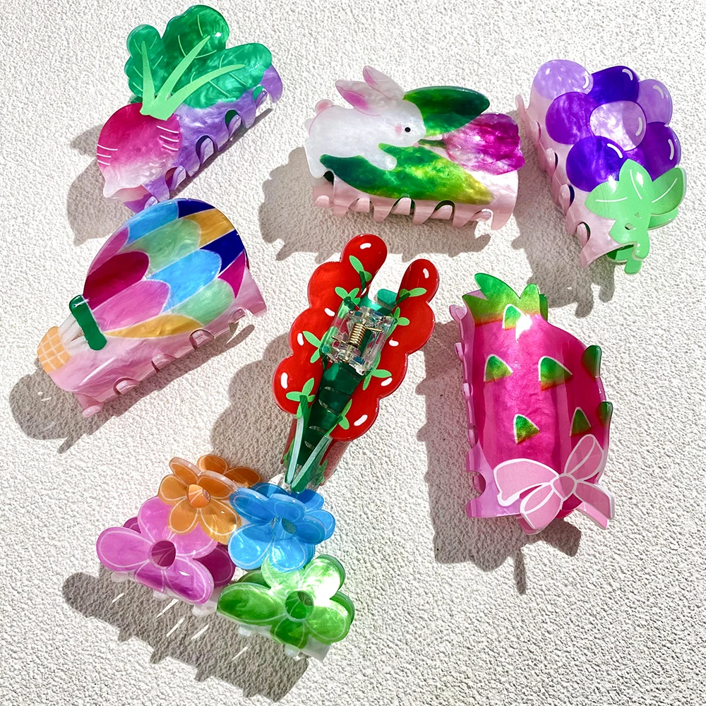 Bunte Blume Traube Kaninchen Gedruckt Große Haar Clip Klaue Für Frauen Y2K Neue Graffiti Acryl Geometrische Haarnadel Haar Zubehör – Detail 4