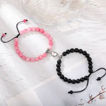 2Pcs Pink Black Natural Stone Beads Bracelets Set For Lovers Long Distance Heart Magnet Adjustable Bracelets Couple Jewelry Gift