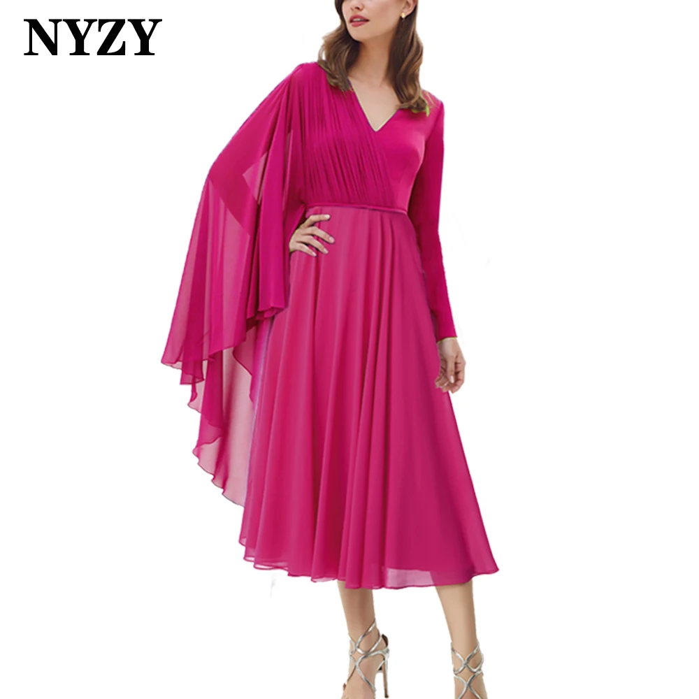 

M402 NYZY Vintage V-Neck Cape Long Sleeves Chiffon Short Mother of the Bride Dresses 2023 Wedding Party Gown Guest Wear