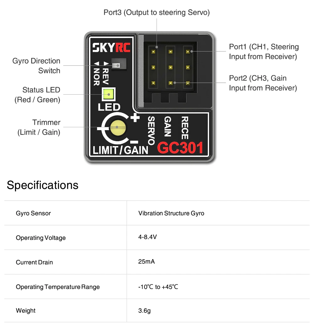 Gyroscope RC pour Voiture - Correcteur Automatique & Réglage Gain à Distance - GC 301/401
