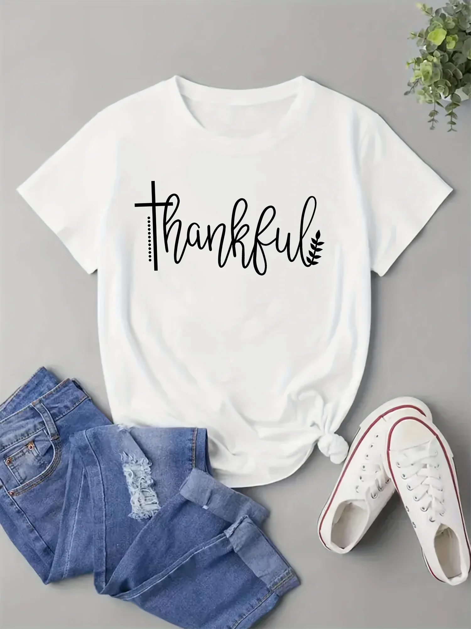 Thankful Print Crew Neck T-Shirt, Casual Short Sleeve Top For Spring & Summer, Women's Clothing colorful letter print crew neck t shirt casual short sleeve top for spring