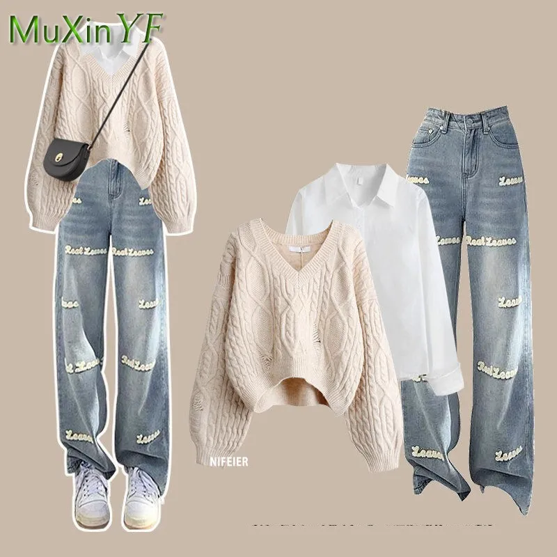 Women's 2023 Autumn/Winter New Knitted Sweater+Shirt+Letter Jeans Three Piece Korean Elegant V-Neck Pullover Denim Pants Suit