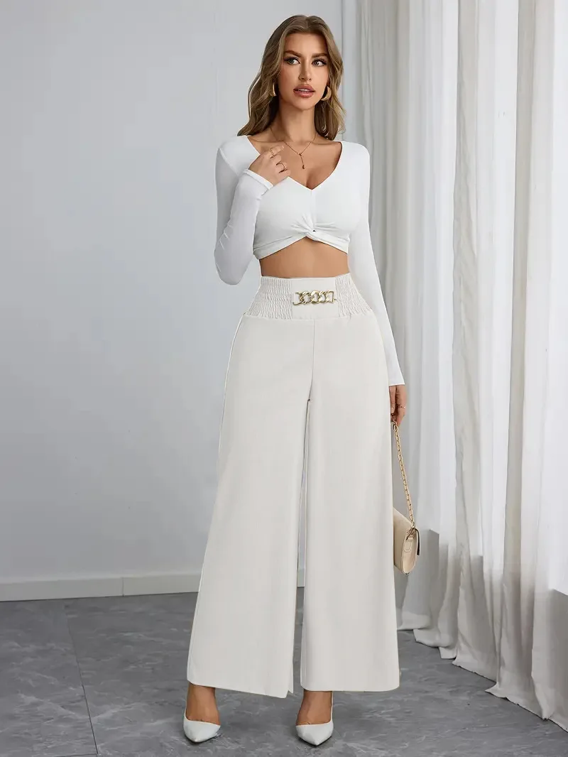 New Women's Trousers Thin High Waist Chain Elastic Waist Khaki Elegant Office Black Casual Wide-leg Pants for Female