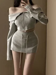 Pure Color 2 Piece Skirt Set Women Sexy Bodycorn Long Sleeve Sweatshirts Tops + Casual High Waist Sport Mini Skirt 2023 Autumn