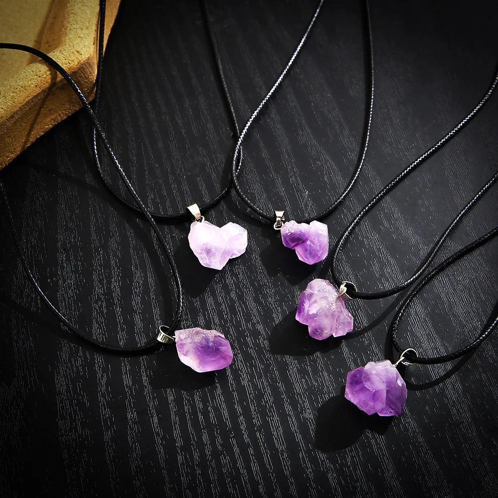 5 Pcs Purple Crystal Pendant Necklaces for Women Amethyst Irregular Rough Natural Stone Clavicle Necklace Female Vintage Jewelry
