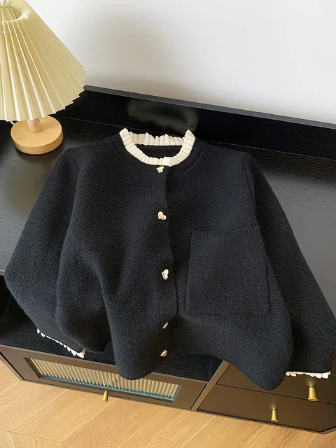Femmes vêtements automne nouveau bouton d'amour col plissé tricoté Cardigan veste femme paresseux Style doux mode coréenne pull hauts 1