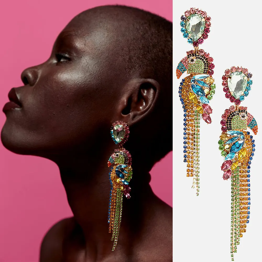 Bohemia Colorful Crystal Birds Fringed Drop Dangle Earrings Luxury Jewelry for Women Fish Earrings Accessories Crystal Tassel Earrings