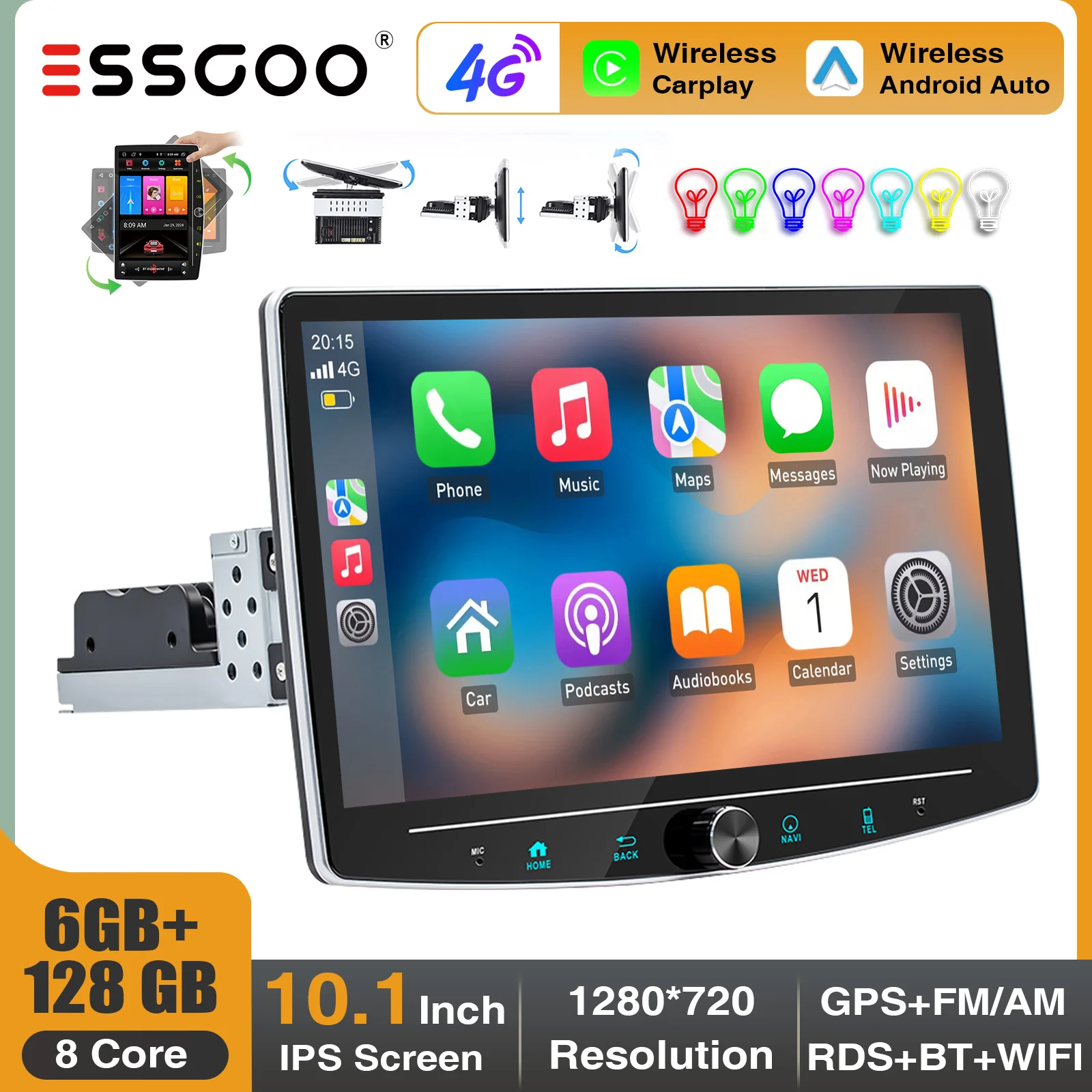 ESSGOO 6+128G 8core Android 14 10.1" Rotatable Single 1 DIN Car Radio Stereo CarPlay 4G LTE GPS NAVI WiFi FM AM RDS Knob Control